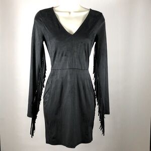 Material Girl Dress (Faux Suede LBD with Fringe Featured on Long Sleeves) Size S